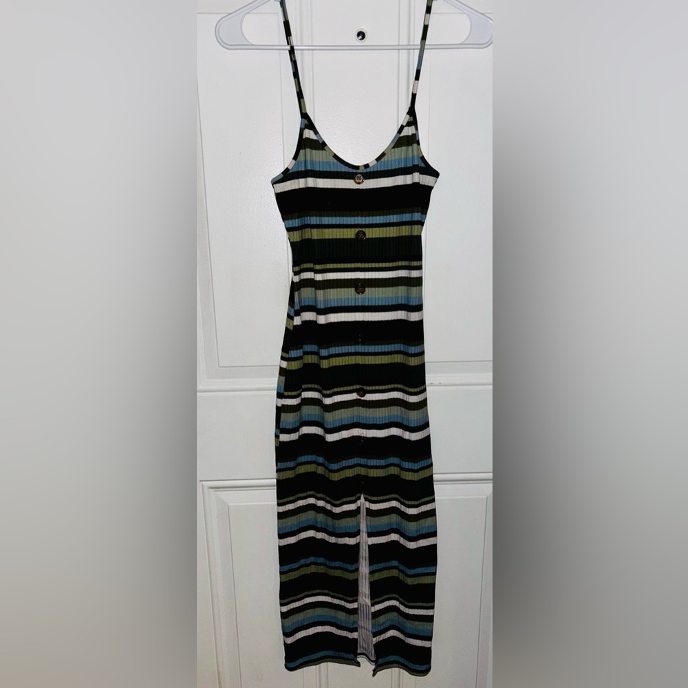 No Boundaries Green and Black Striped Midi Dress
